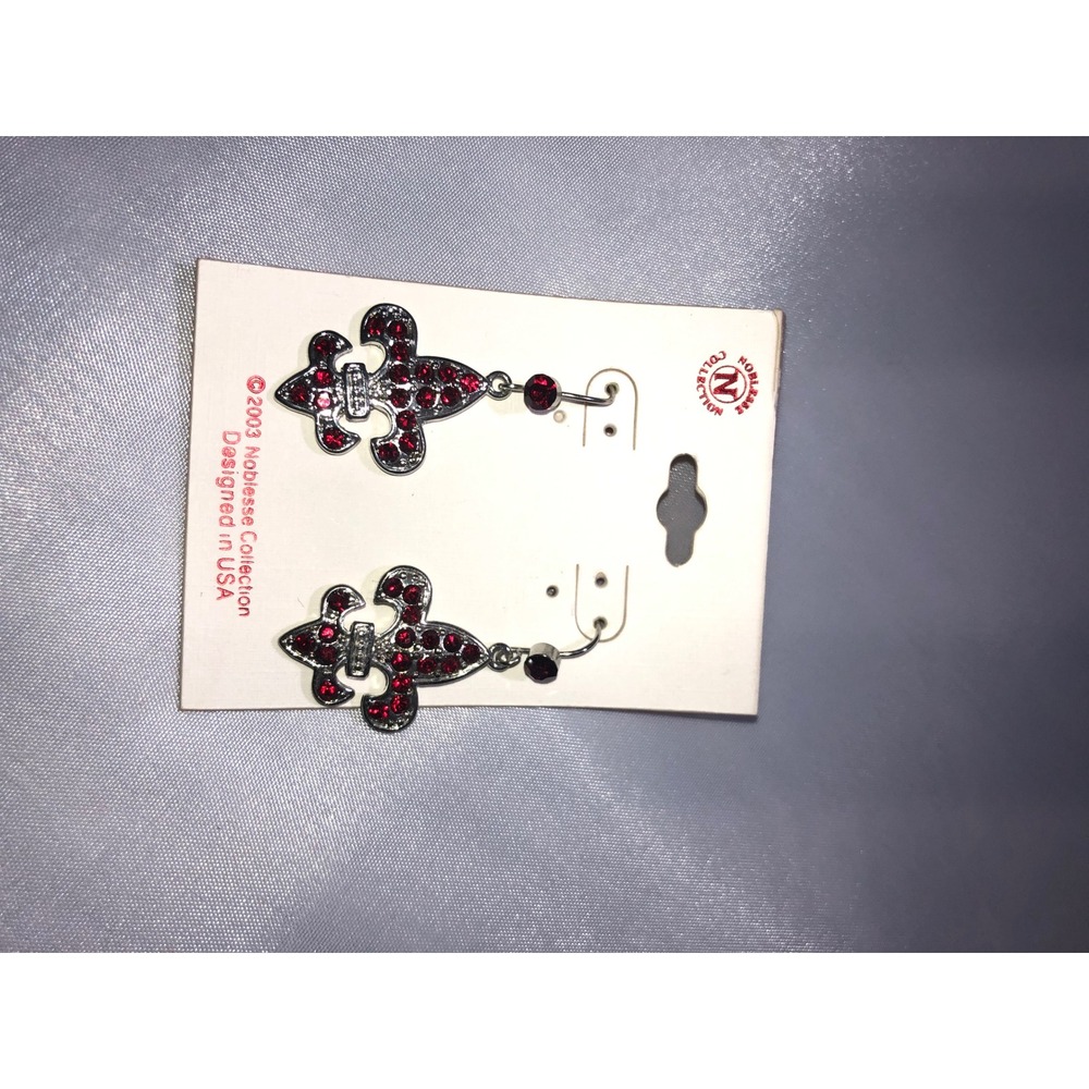 Noblesse Collection 2003 Vintage Red Rhinestone Fleur De Lis Drop Earrings